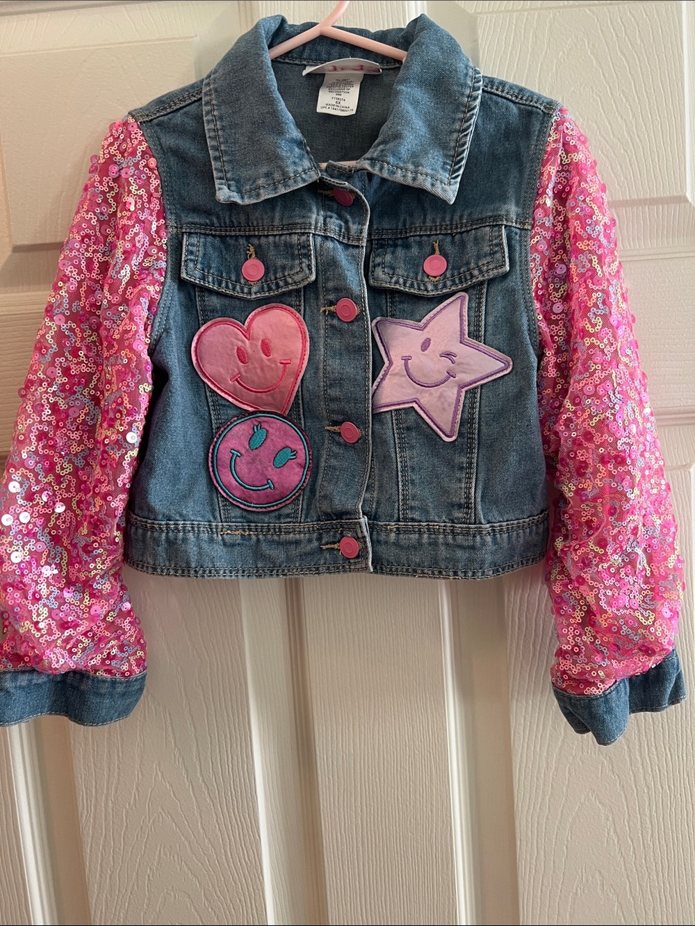 Girls' Denim Jacket with Pink Sequin Sleeves and Patch Motifs